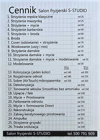 Cennik Salon Fryzjerski Dobroszyce